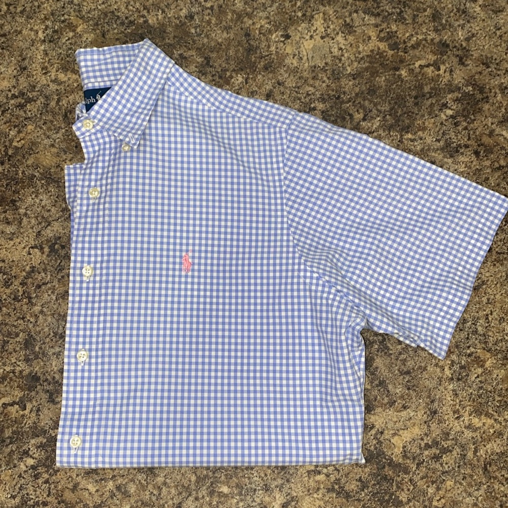 Ralph Lauren Classic Fit Short Sleeve Gingham Blue White Button Down 100% Cotton - Picture 12 of 12